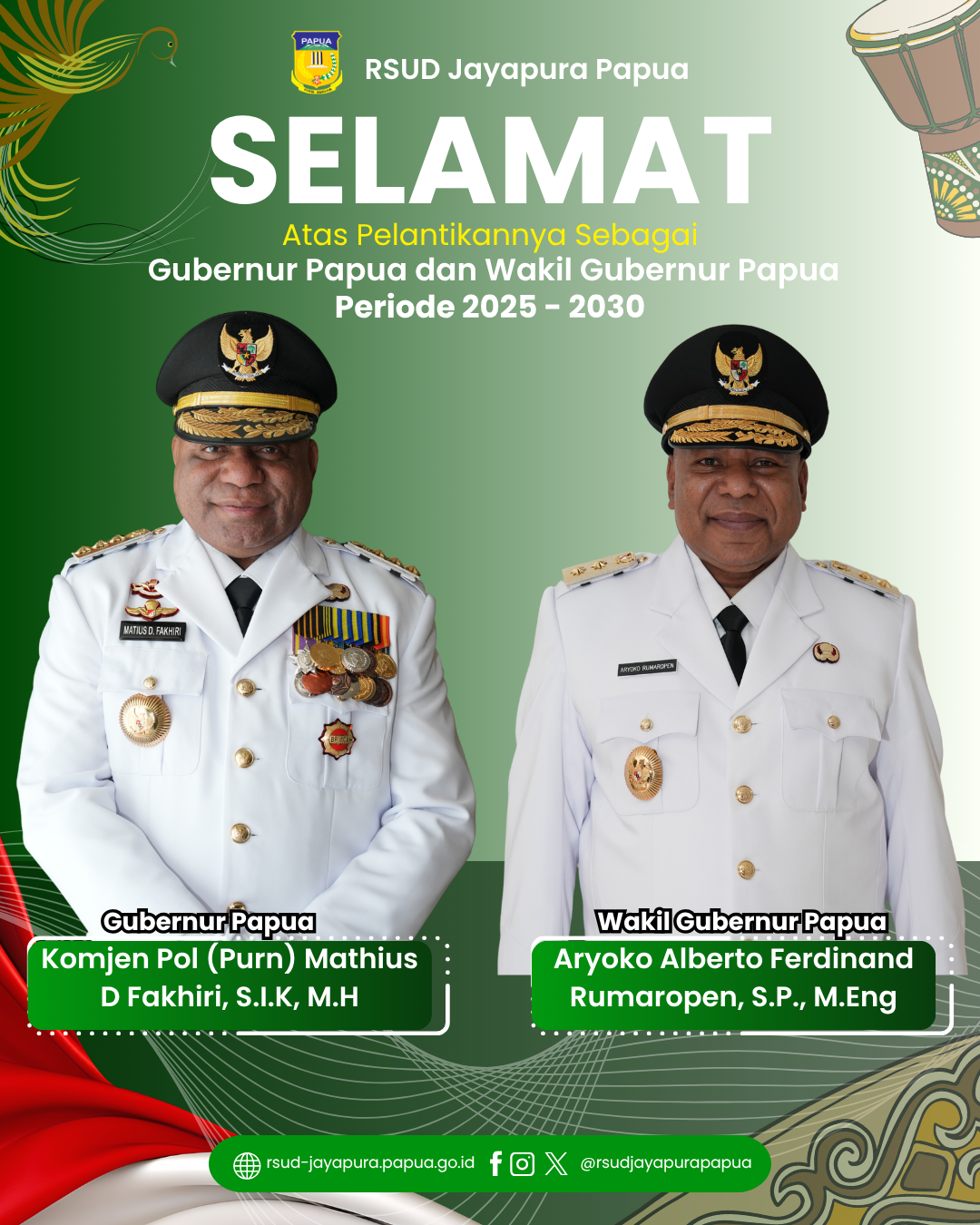 Selamat dan Sukses atas dilantiknya Bapak Komjen Pol (Purn) Mathius D Fakhiri, S.I.K, M.H dan Aryoko Alberto Ferdinand Rumaropen, S.P., M.Eng sebagai Gubernur dan Wakil Gubernur Provinsi Papua